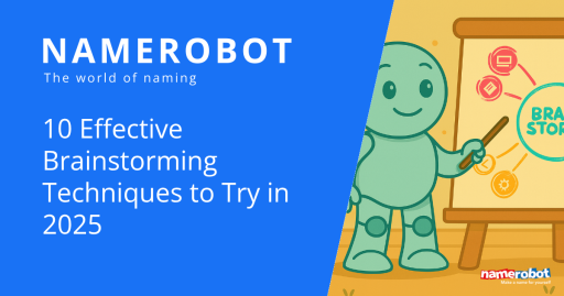 10 Brainstorming-Techniken für bessere Ideen Illustration mit Namero, dem Maskottchen von NameRobot, der auf ein Flipchart mit dem Wort „Brainstorming“ zeigt. Links daneben Text: „10 effektive Brainstorming-Techniken für 2025“.