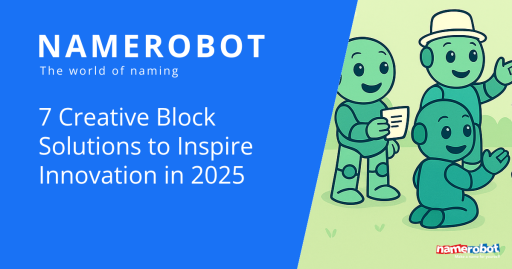 Kreative Blockaden lösen: 7 Methoden für neue Ideen NameRobot Social Share Grafik zum Thema kreative Blockaden mit mehreren Figuren in einer hellen Gruen Blau Szene.