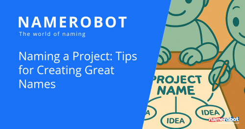 Projektnamen finden: Tipps für starke Projektnamen Namero-Roboter sitzen an einem Tisch, auf dem ein Blatt mit der Überschrift „Project Name“ liegt. Darunter verzweigen sich mehrere Ideen-Kreise – Symbol für kreative Methoden zur Namensfindung bei Projekten.