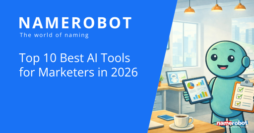 12 KI-Tools für Marketing-Teams 2026 NameRobot Social Share Grafik zu KI Werkzeugen fuer Marketing mit Namero, Tablet und Analyse Dashboards im Buero.