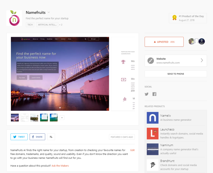 Namefruits #1 Product of the Day bei Product Hunt