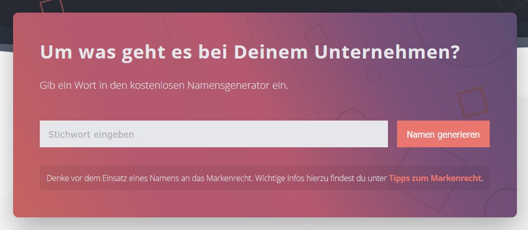 Widget Firmennamengenerator Widget Firmennamengenerator mit Stichwort-Eingabefeld